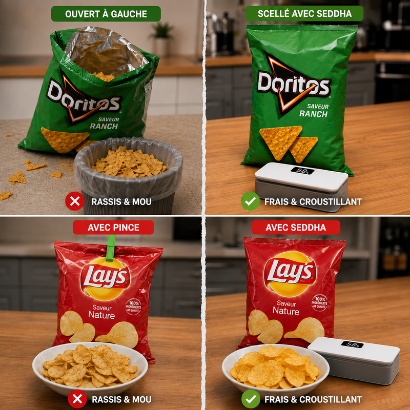 Sachets de chips Doritos et Lay's refermés hermétiquement avec la machine de scellage SEDDHA